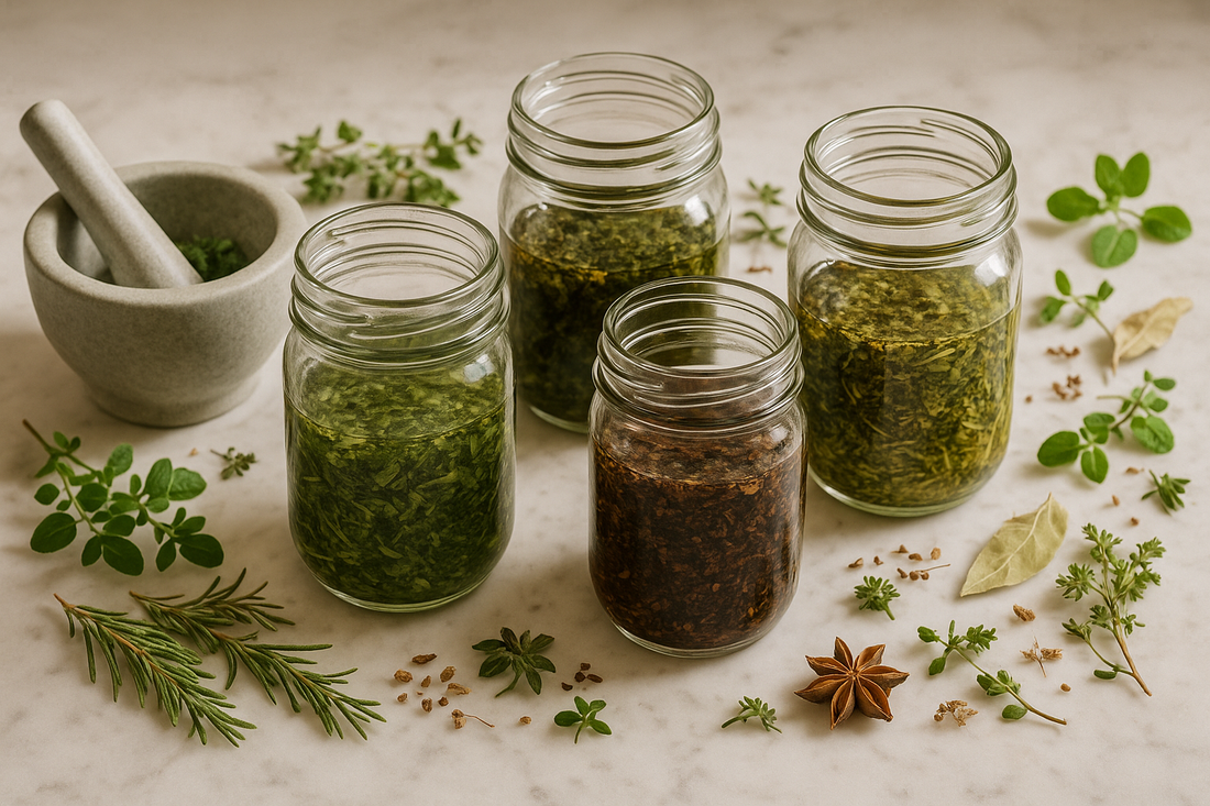 close up of herbal tinctures macerating process, creating own herbal remedies at home