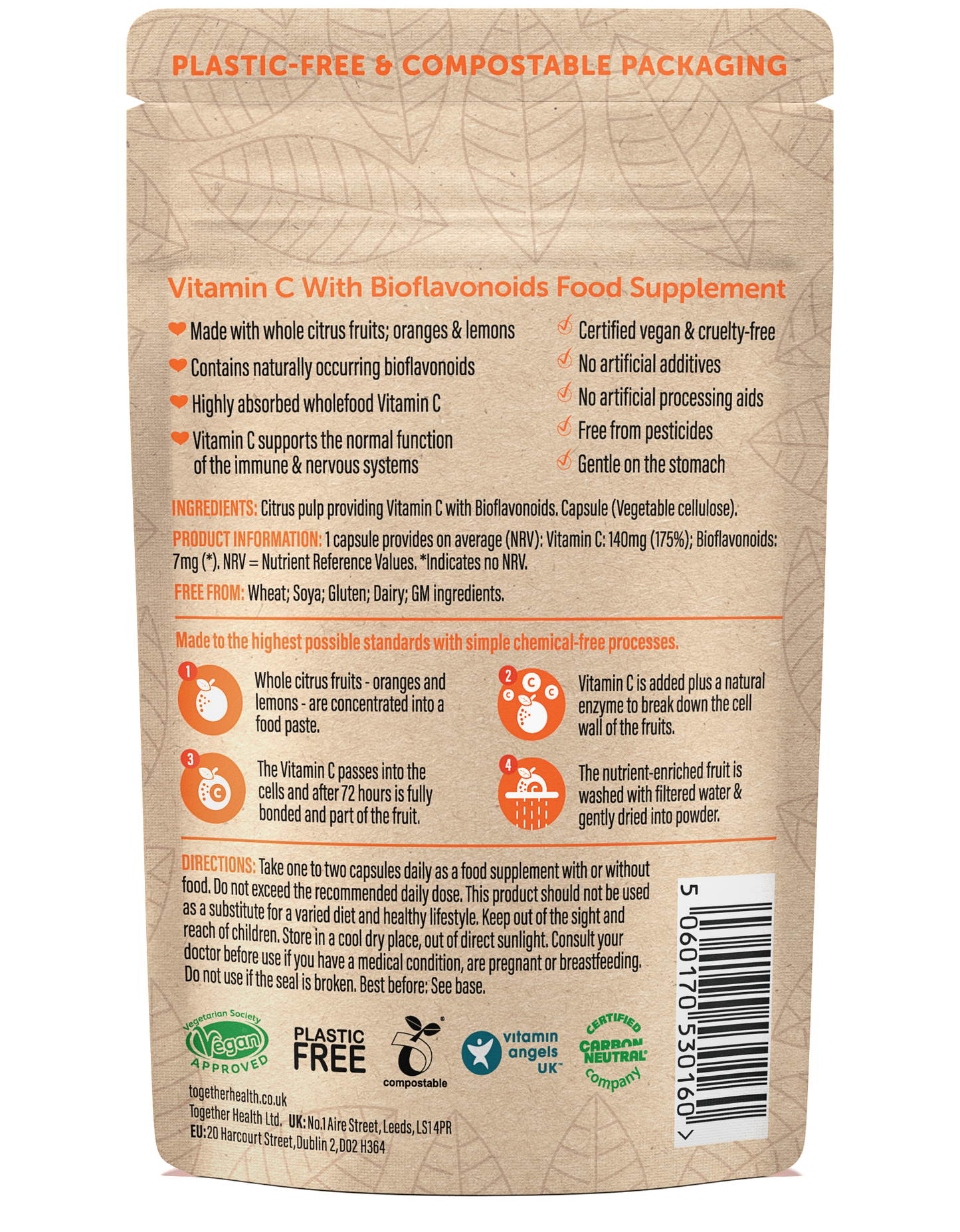 Close-up image of a package labeled as "PLASTIC-FREE & COMPOSTABLE PACKAGING" that contains Vitamin C with Bioflavonoids.