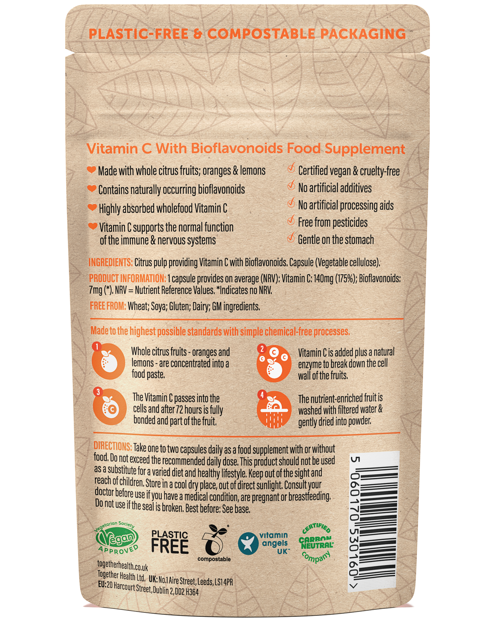 Close-up image of a package labeled as "PLASTIC-FREE & COMPOSTABLE PACKAGING" that contains Vitamin C with Bioflavonoids.