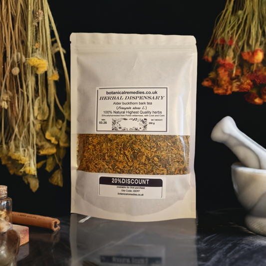 package with Alder buckthorn dried and cut bark, an herbal remedy, loose herbal tea