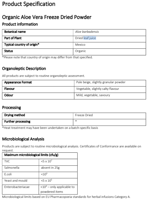 Product specification for Organic freeze dried Aloe Vera powder