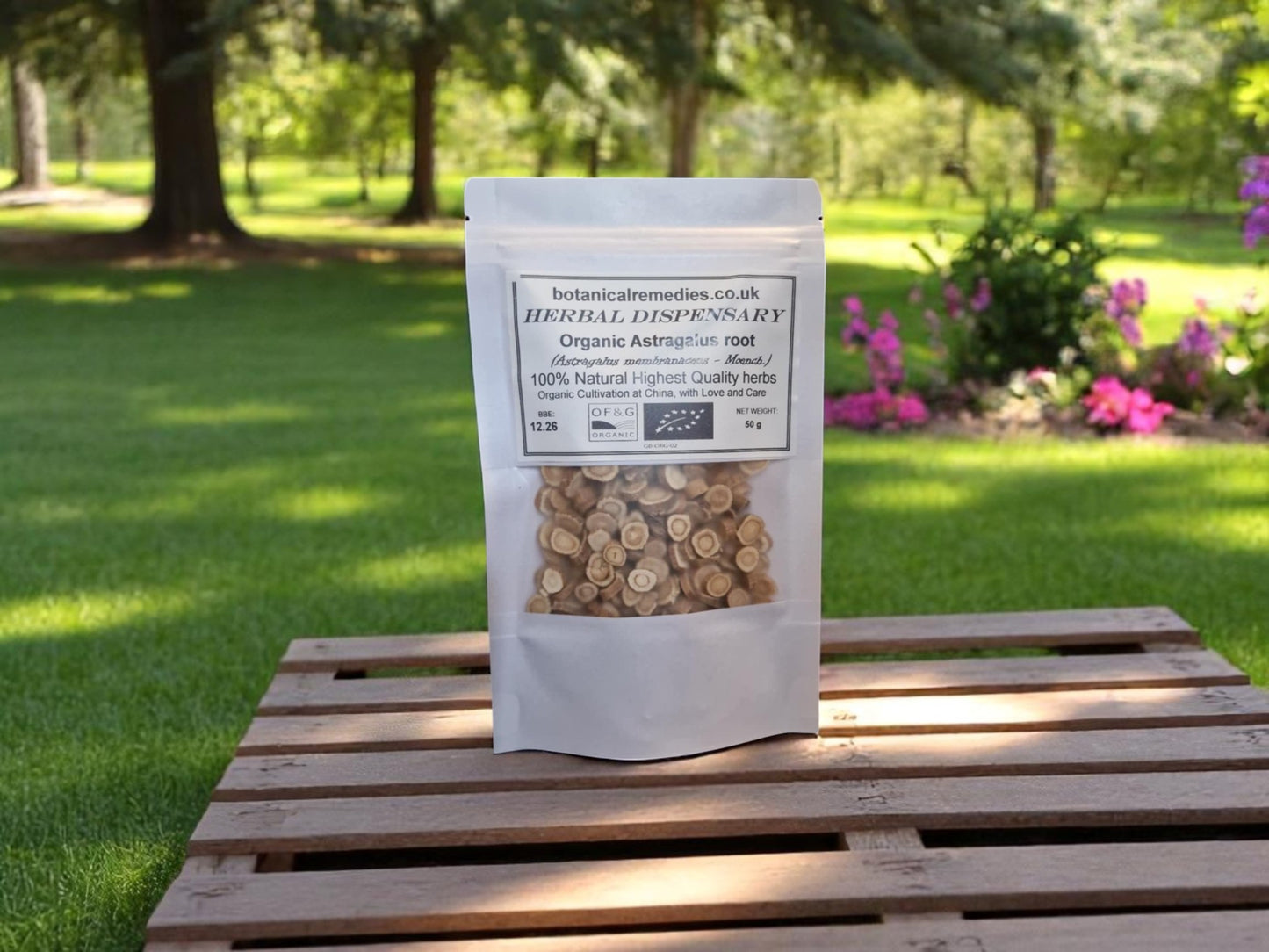 Package with Organic Astragalus root, dried and cut loose tea, an herbal remedy
