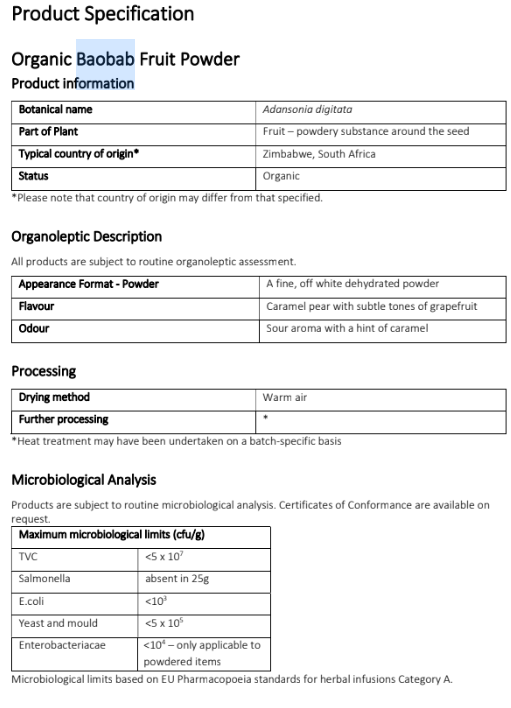 Baobab fruit powder product specification