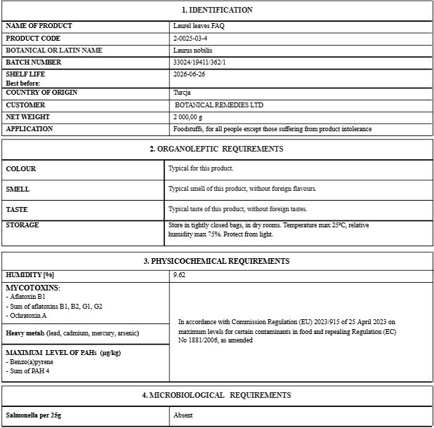 Bay leaf certificate of analysis