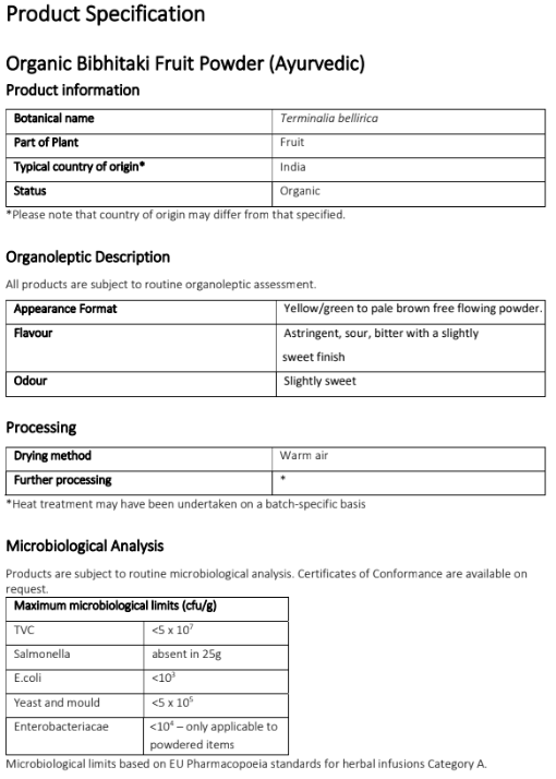 Bibhitaki fruit powder organic product specification