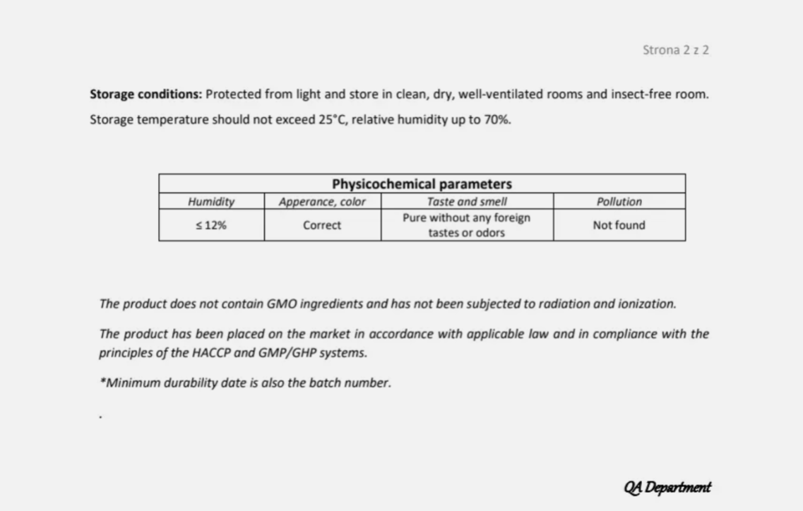 document with certificate of analysis for Blessed thistle herb, pt2