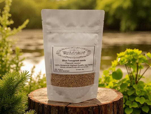 Bag of blue fenugreek seeds from Botanical Remedies herbal dispensary, an herbal remedy