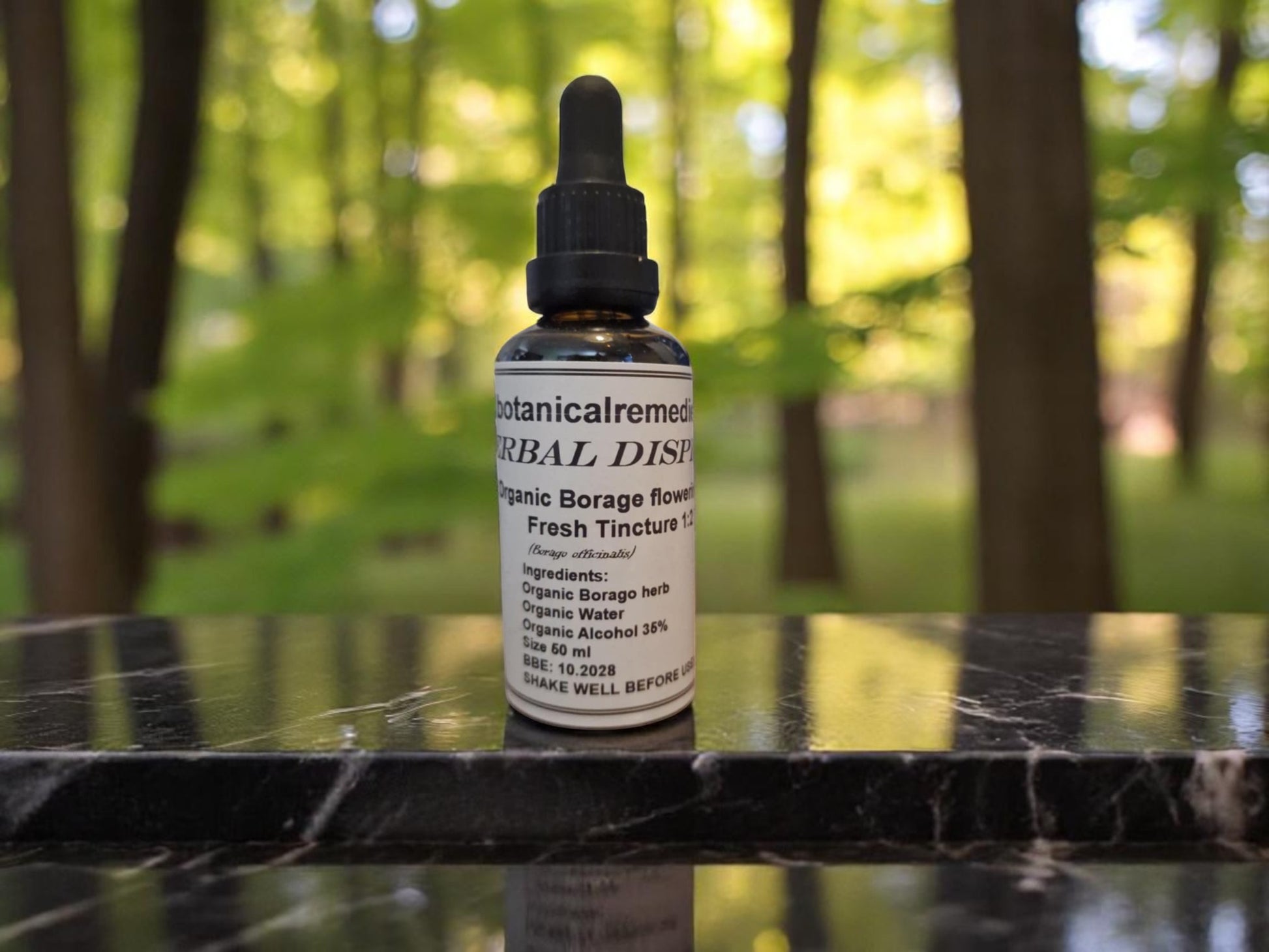 Bottle of organic borage fresh tincture, a herbal remedy