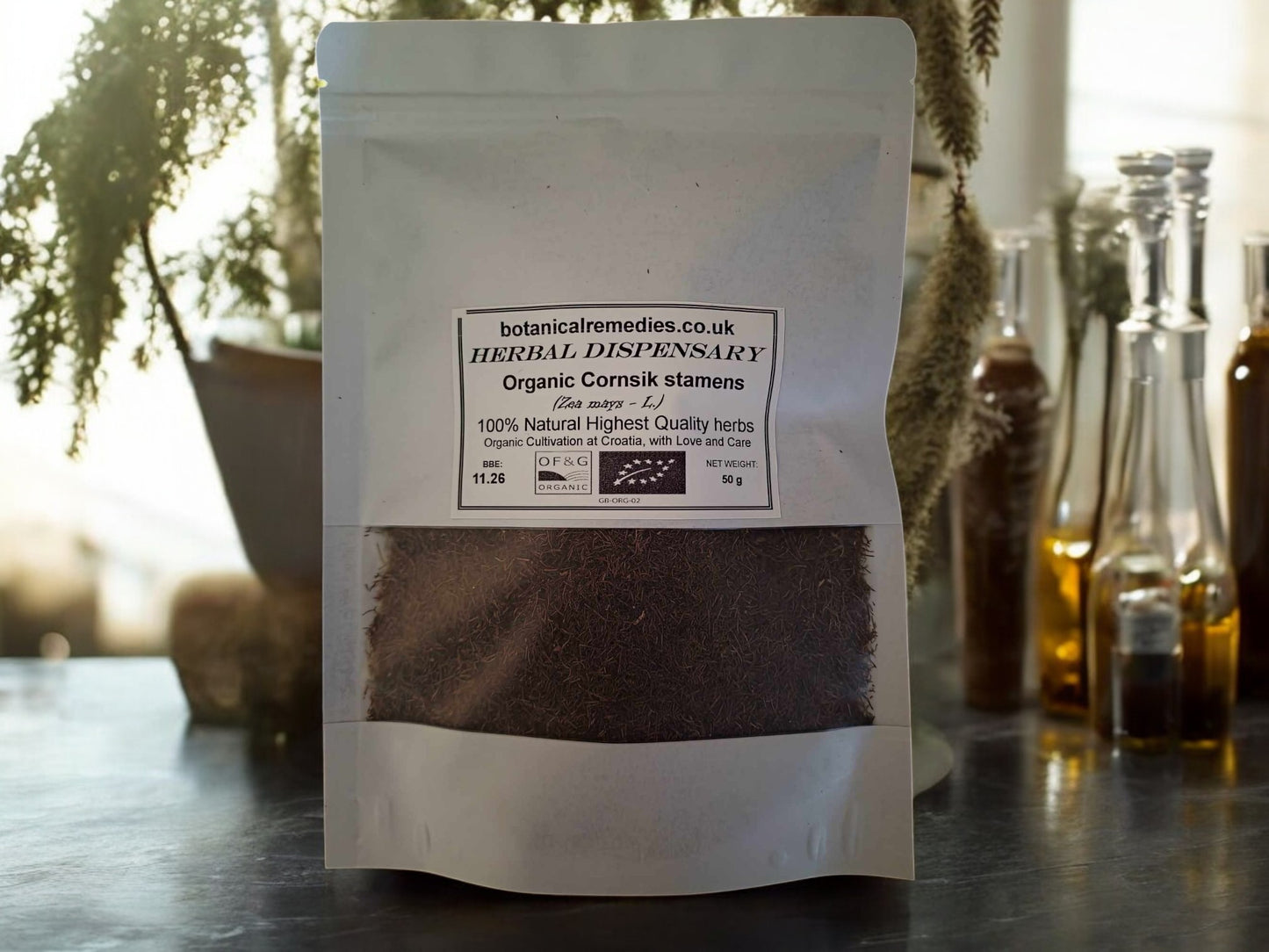 Package with Organic Cornsilk stamens from Botanical Remedies herbal dispensary, an herbal remedy, loose herbal tea