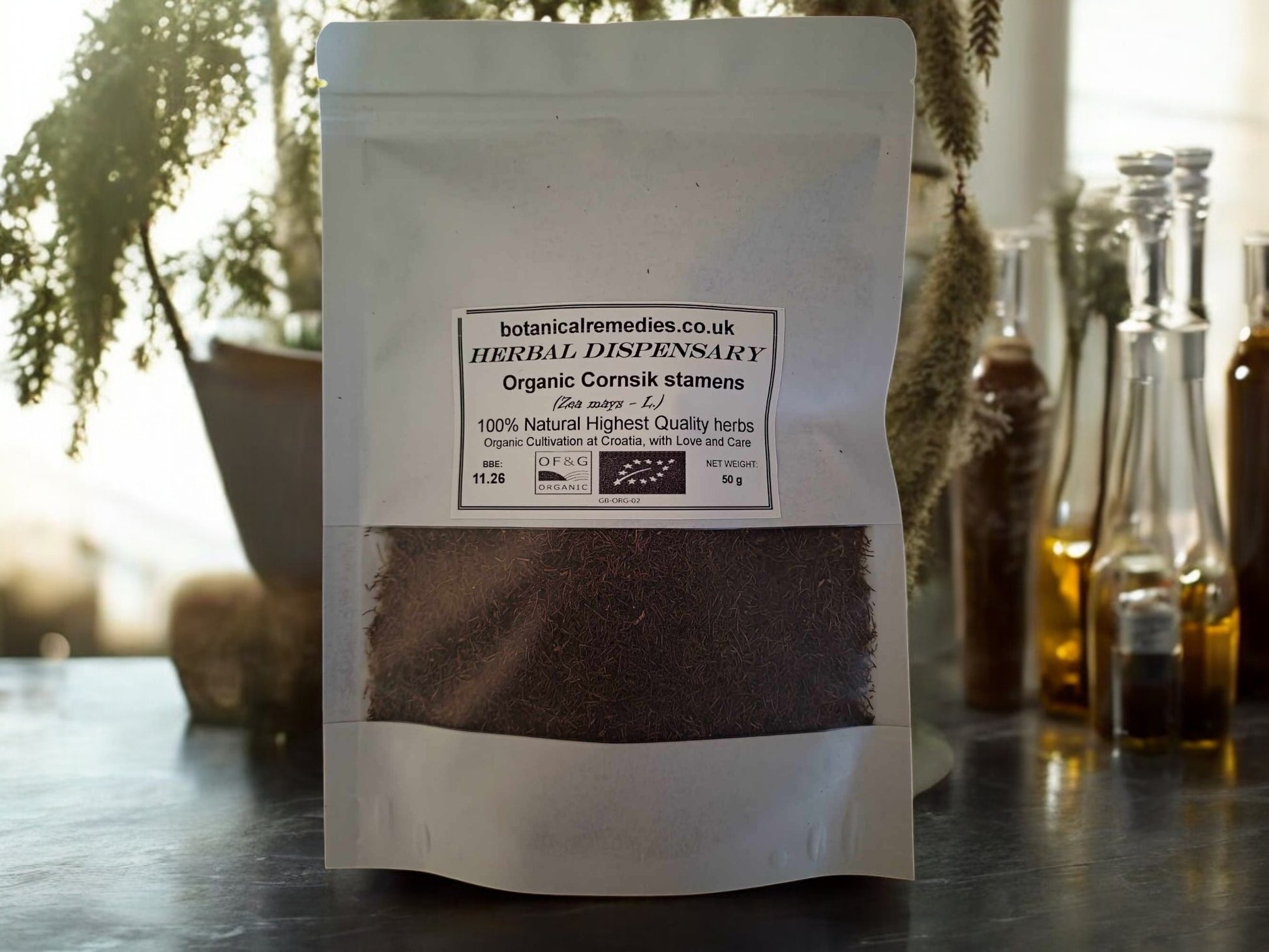 Package with Organic Cornsilk stamens from Botanical Remedies herbal dispensary, an herbal remedy, loose herbal tea