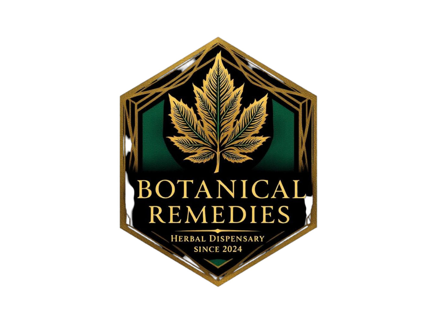 Hexagonal logo for Botanical Remedies with a gold leaf design on a black background.