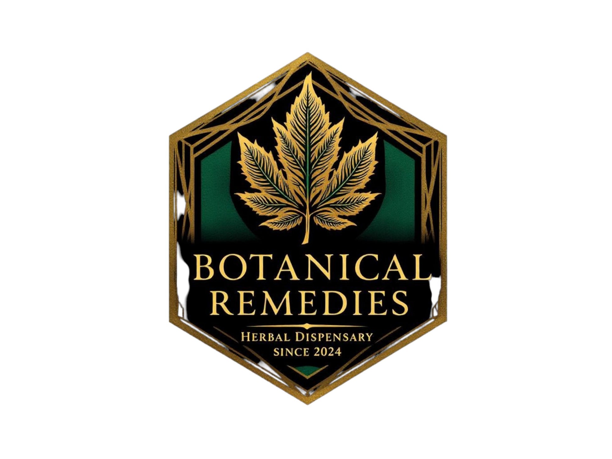 Hexagonal logo for Botanical Remedies with a gold leaf design on a black background.