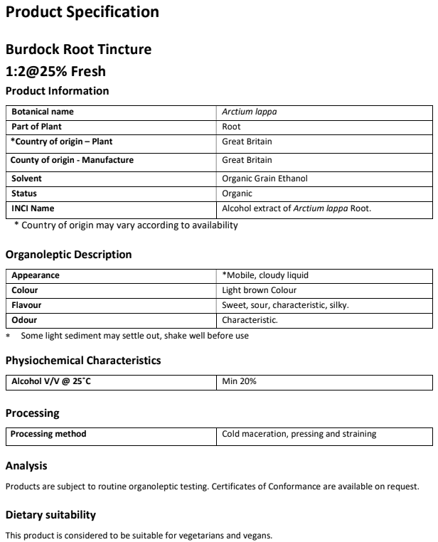 product specification for Organic Burdock Root Tincture