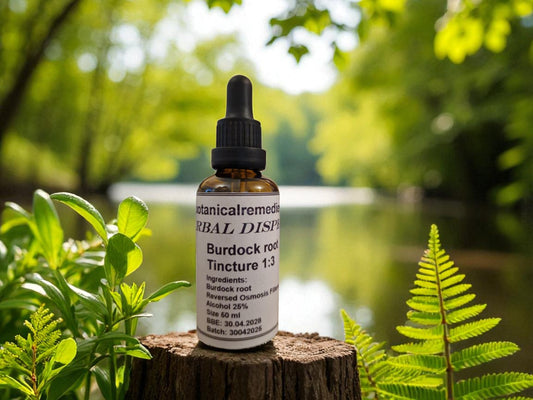 Dropper bottle with Burdock root tincture from Botanical Remedies, an herbal remedy