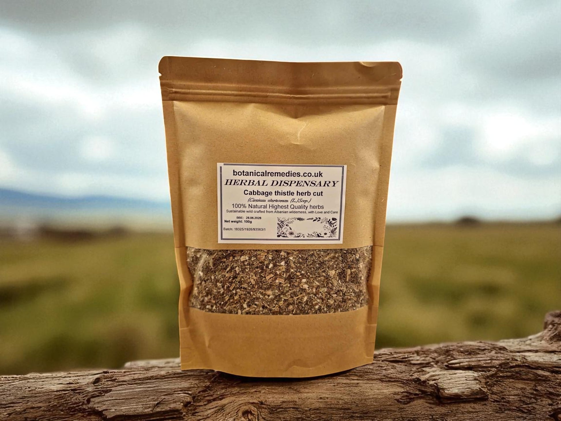 Package with Cabbage thistle herb tea from Botanical Remedies herbal dispensary, an herbal remedy, loose herbal tea