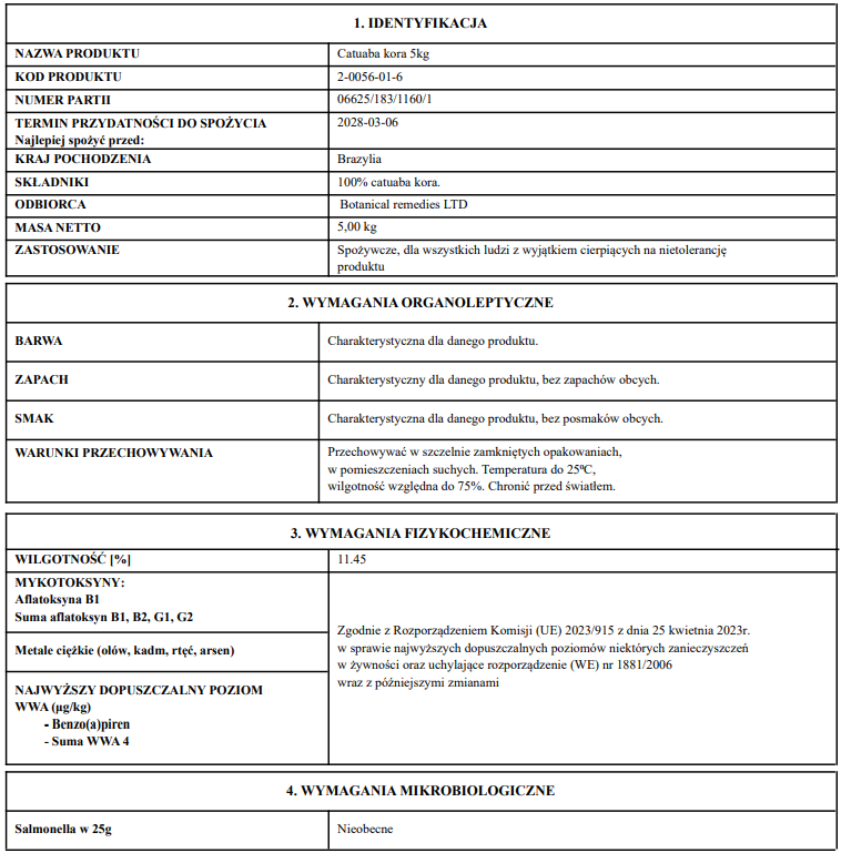 Certificate of analysis for Catuaba bark product