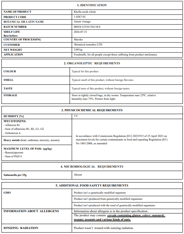 Khella seeds Product label with detailed information including product name, botanical name, weight, and safety requirements.