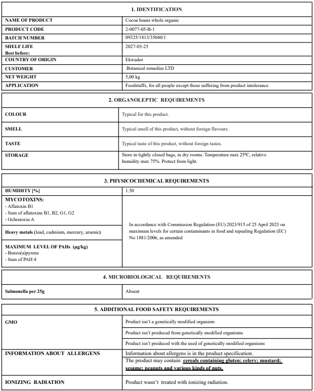 Certificate of analysis for Organic raw cacao beans with identification, organoleptic, physicochemical, and microbiological requirements.