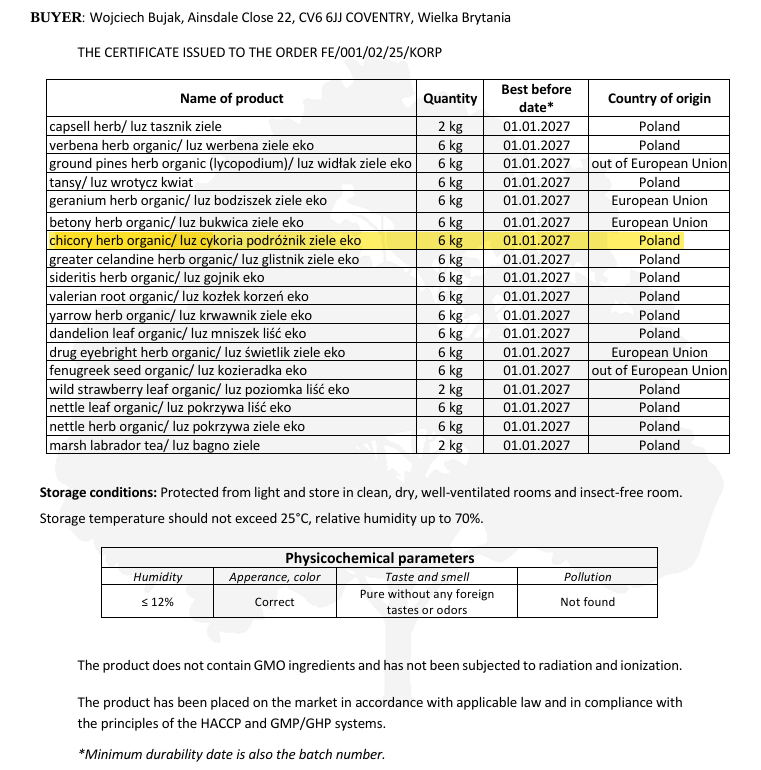 Certificate of authenticity for organic Chicory herb with details on quantity, best before date, and country of origin.