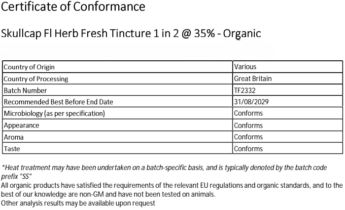 Certificate Organic Skullcap Tincture