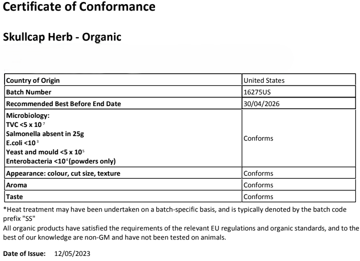 Certificate for organic Skullcap herb