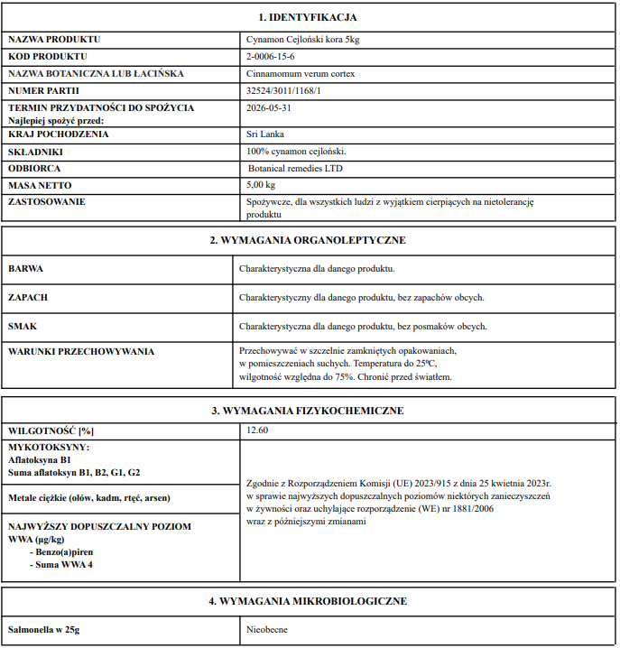 certificate of analysis for Ceylon Cinnamon bark product