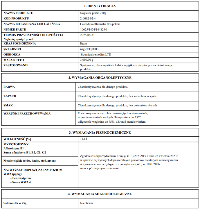 Certificate of analysis for Marigold flower petals product