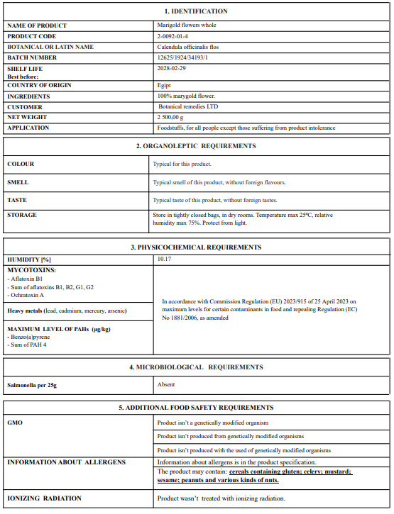 Product label for Marigold flowers with detailed information including identification, organoleptic requirements, physicochemical requirements, microbiological requirements, and additional food safety requirements.
