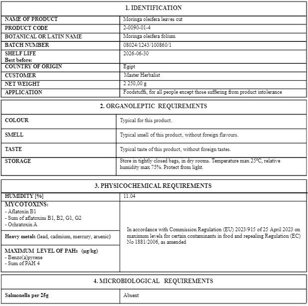 Product label for Moringa leaf, with specification include botanical name, BBE date, country of origin, organoleptic, Microbiological, GMO specification