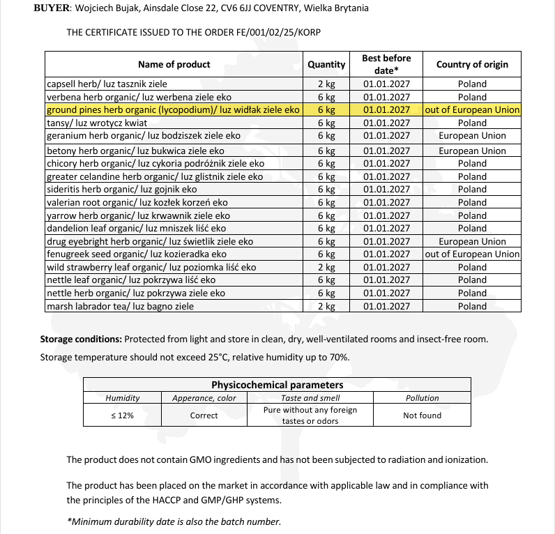 Certificate of authenticity for organic Club Moss herb from Botanical Remedies herbal dispensary, with details on quantity, best before date, and country of origin.