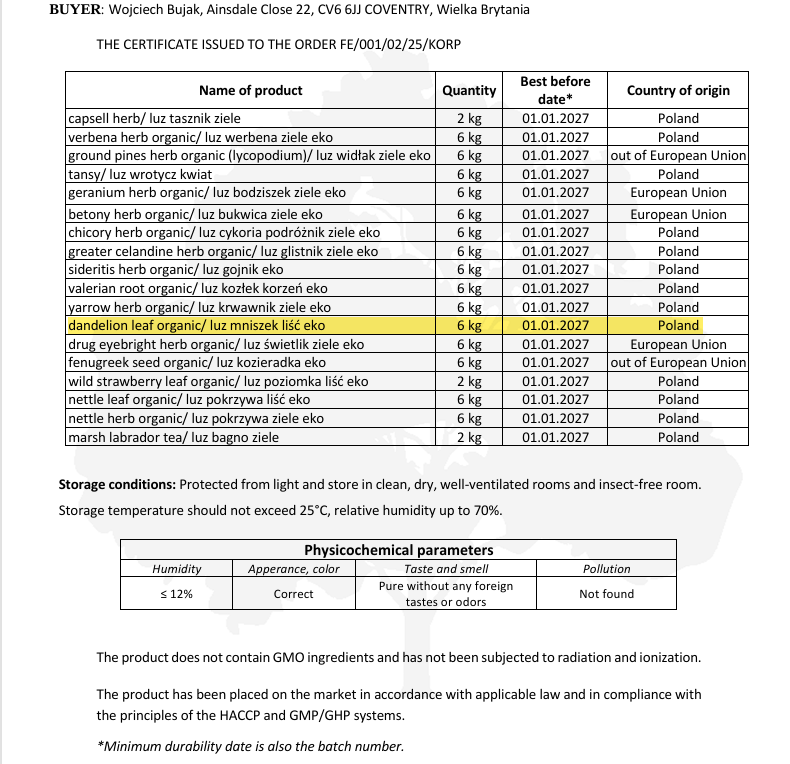 Certificate of authenticity for a Organic Dandelion leaf from Botanical Remedies with details on quantity, best before date, and country of origin.