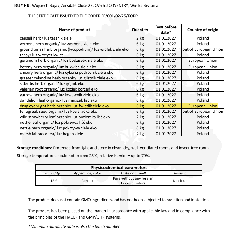 Certificate of authenticity for Organic Eyebright herb from Botanical Remedies with details on quantity, best before date, and storage conditions.