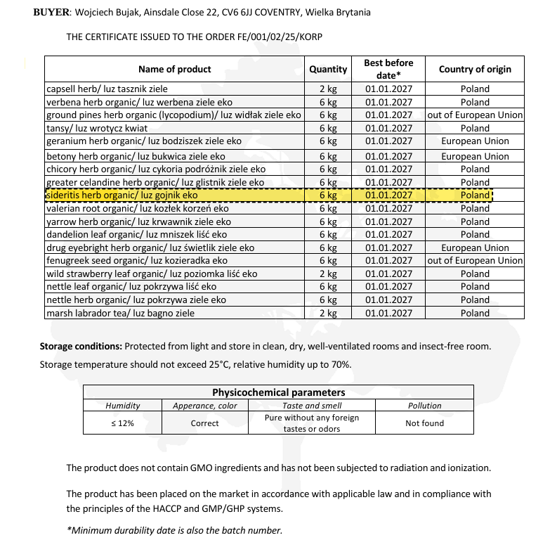Certificate of authenticity for a Organic Greek Mountain tea with details on quantity, best before date, and storage conditions.