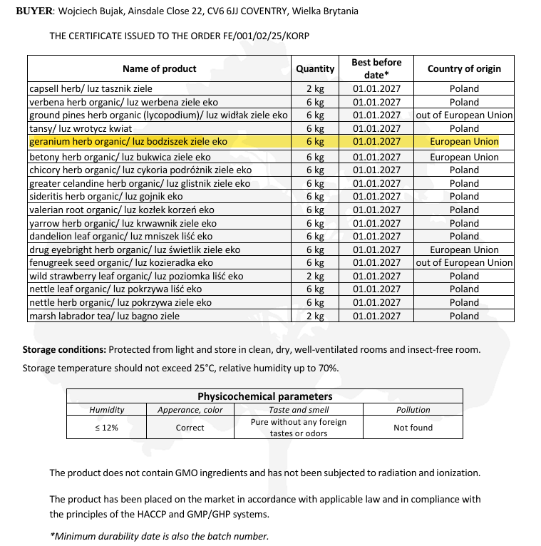 Certificate of origin for organic Herb-Robert from Botanical Remedies herbal dispensary, with details on quantity, best before date, and country of origin.