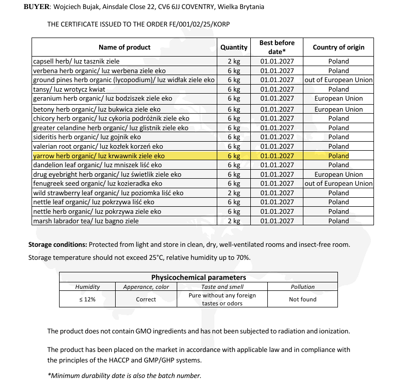 Certificate of authenticity for organic Yarrow herb from Botanical Remedies with details on quantity, best before date, and storage conditions.