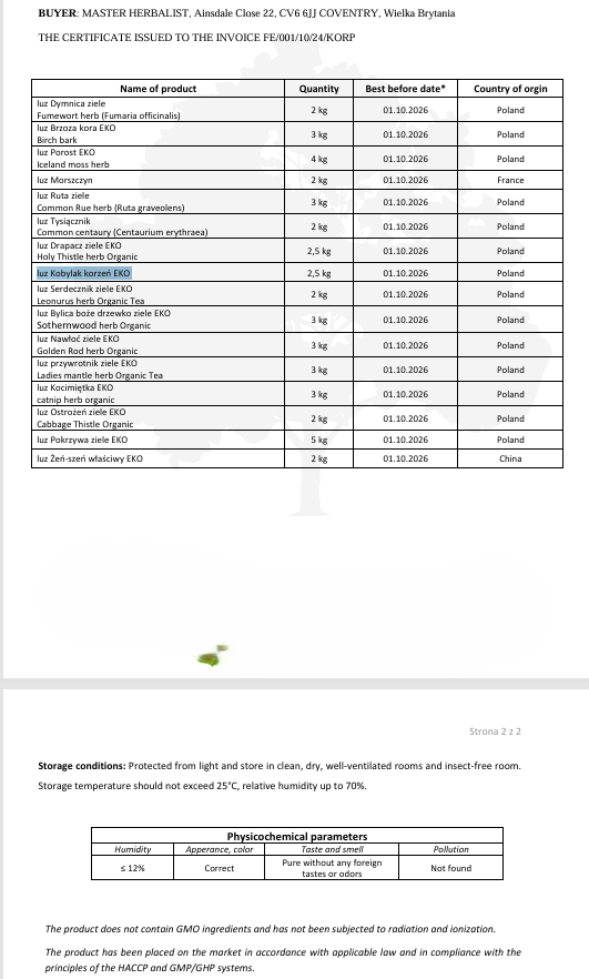 Certificate of authenticity for Organic Great Water Dock, with details on quantity, best before dates, and storage conditions.