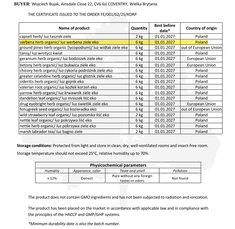Certificate of authenticity for organic Vervain herb from Botanical Remedies with product details and storage conditions.