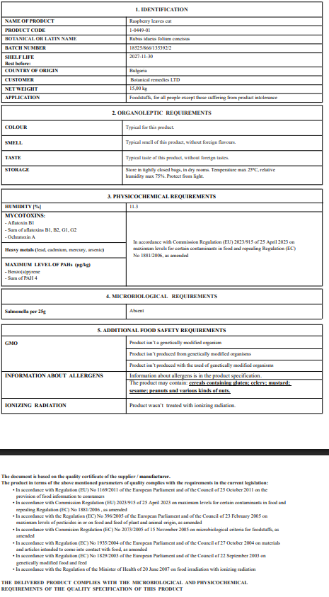 Product label for Raspberry leaf from Botanical Remedies with detailed information including identification, chemical name, and safety data.