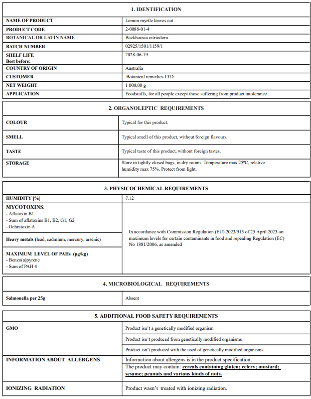 Product label for Lemon myrtle leaf cut with detailed information including identification, organoleptic, physicochemical, microbiological, and food safety requirements.