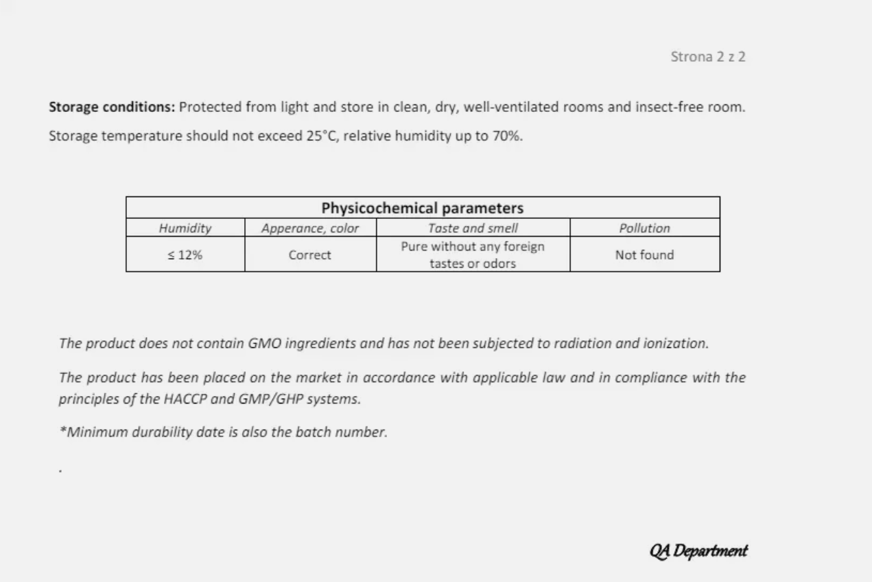 Certificate of analysis for Organic marsh cinquefoil part 2