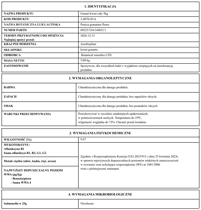Pomegranate flowers product label with detailed information of analysis