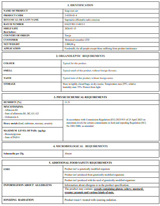 Soapwort root certificate of analysis with detailed information including product code, botanical name, weight, and safety requirements.