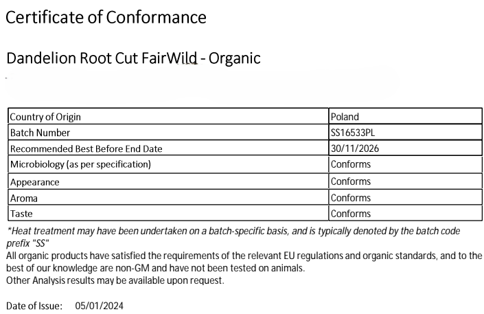 Certificate for dandelion root organic