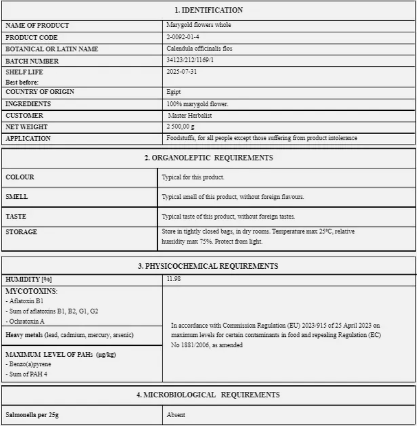 Marigold flower certificate of analysis