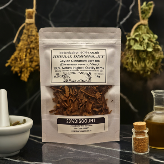 Package with Ceylon Cinnamon bark, loose herbal tea, an herbal remedy