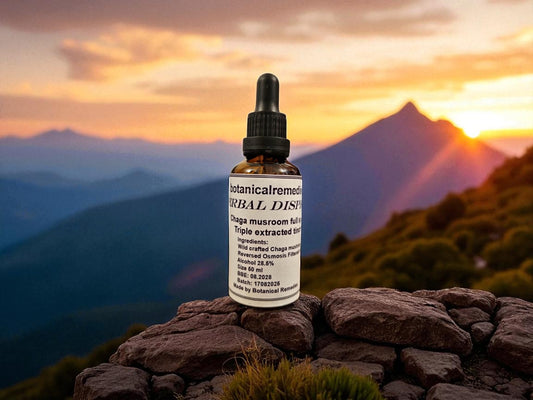 Bottle of Chaga tincture full spectrum, triple extracted from Botanical Remedies, an herbal remedy