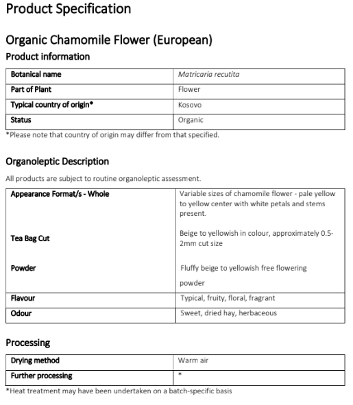 organic german chamomile flowers product specification