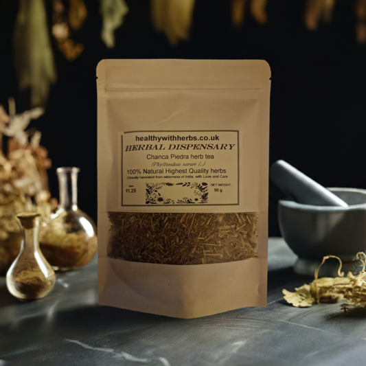 Package with Chanca piedra herb dried and cut, an herbal remedy