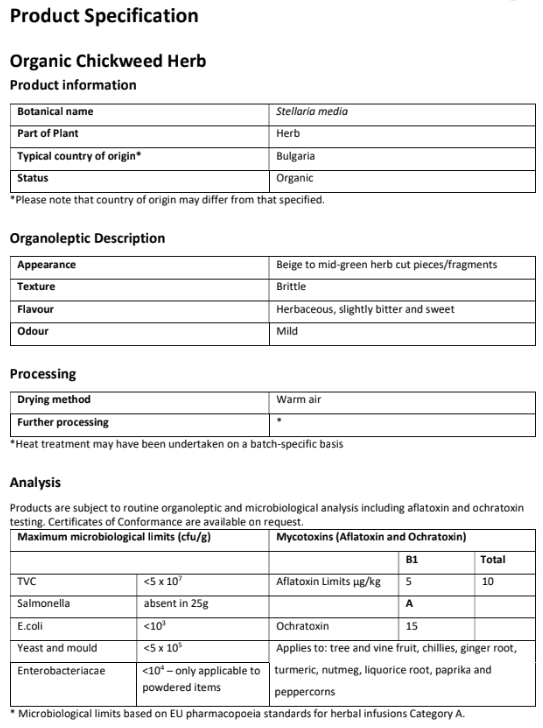 Product specification for Organic Chickweed herb from Botanical Remedies herbal dispensary