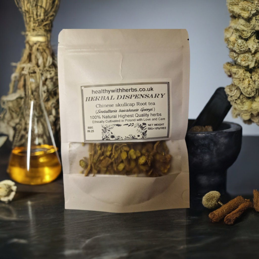 package with Baikal skullcap root, dried and cut, loose herbal tea, an herbal remedy